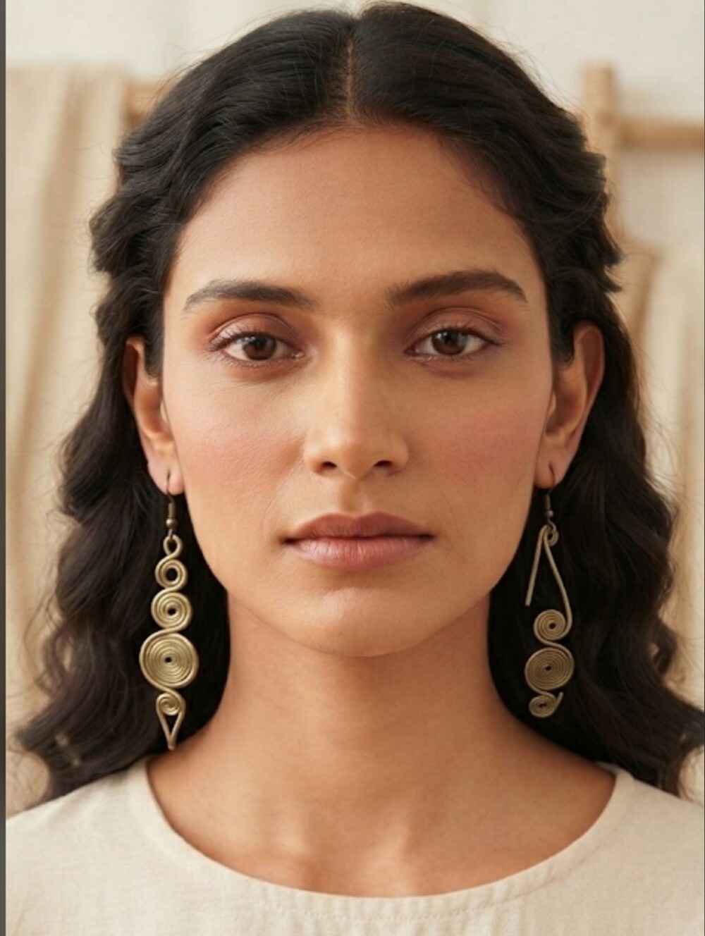 Geometric Tribal Asymmetrical Coiled Brass Fibonacci Spiral Dangle Earrings